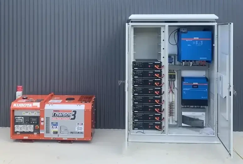 a stand alone commercial off-grid power system in a weather proof cabiner