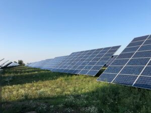 a row of solar panels in a field